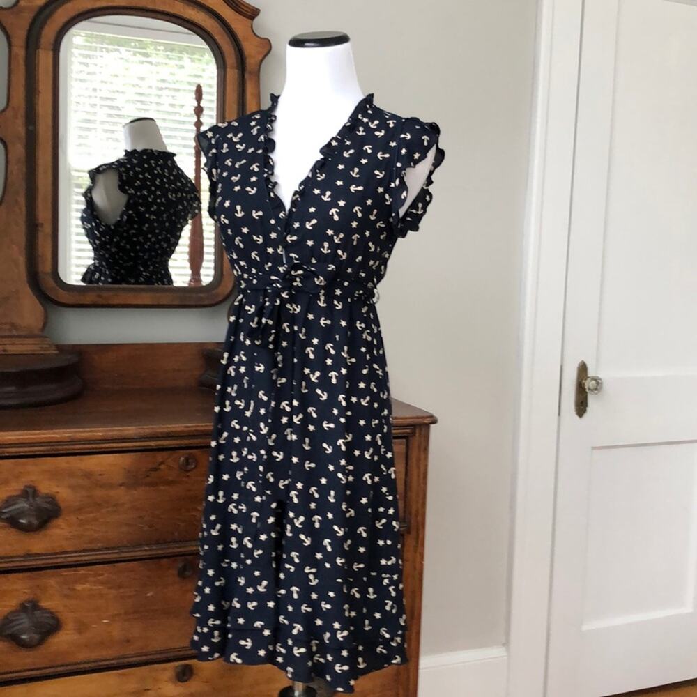 Papillon Navy Dress W/Beige Anchors, Size S